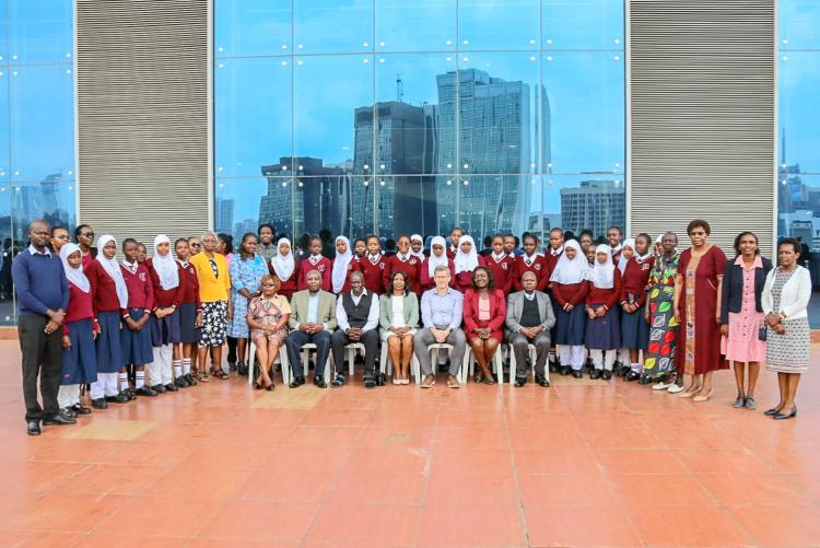 Acting Deputy Vice-Chancellor (Research, Innovation, and Enterprise), Prof. Leonidah Kerubo (seated centre), with students and teachers from County Girls Secondary School when she launched the University of Nairobi–ZEISS “A Heart for Science” Youth Innovation Challenge at the University of Nairobi Towers on 20 February 2026.