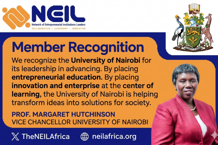 Prof. Margaret Hutchinson, Vice-Chancellor (Ag.) of the University of Nairobi, recognised by NEIL for her leadership in entrepreneurial education.