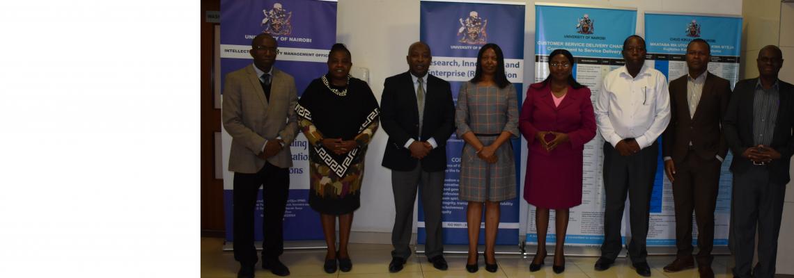 Prof. Leonidah Kerubo, Deputy Vice-Chancellor (Ag.) Research, Innovation and Enterprise (RIE) flanked by Ms Mbatha Mbithi, Kenya Development Corporation’s Deputy Director Research, Policy and Innovation (right) and Prof. Maina Wagacha, UoN’s Director of Innovation and Intellectual Property Management (left) when they met to discuss commercialisation of the garlic extracts meat preservation innovation on Tuesday 24 February 2026 at the RIE offices located on the 15 th Floor of the University of Nairobi Tower